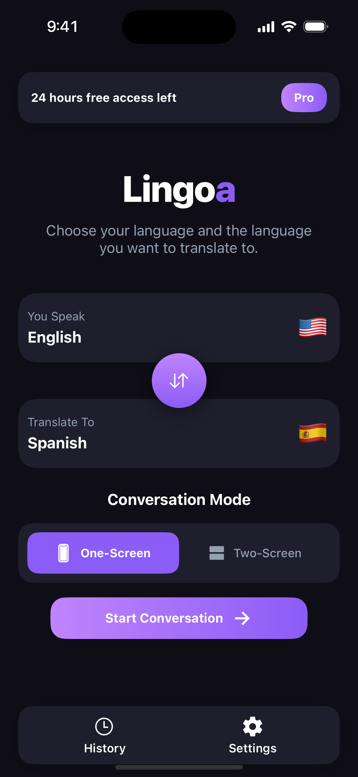 Lingoa home screen: choose the language you speak and the language to translate to, then start a conversation
