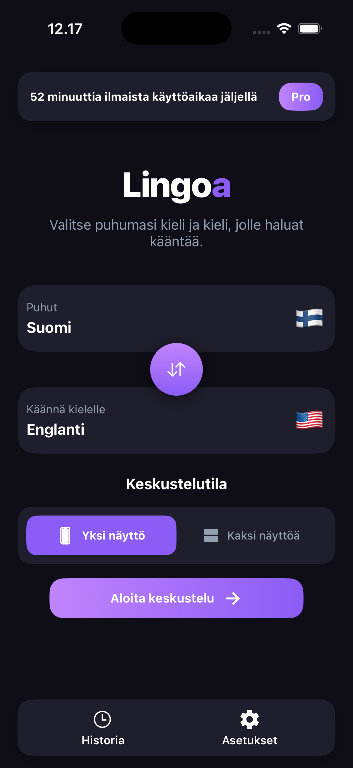Lingoan aloitusnäyttö: valitse puhumasi kieli ja kieli, jolle haluat kääntää, ja aloita keskustelu