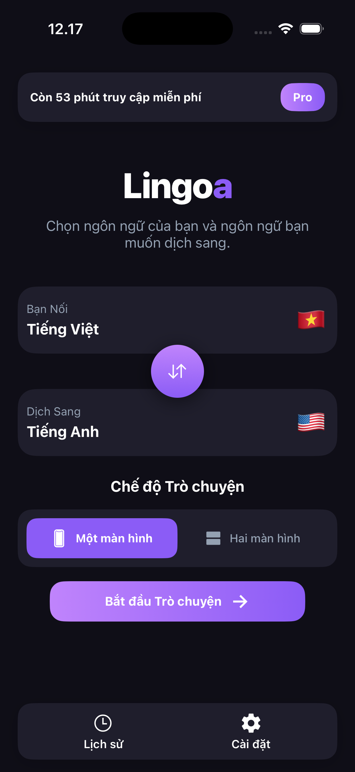 Màn hình chính Lingoa: chọn ngôn ngữ bạn nói và ngôn ngữ muốn dịch sang, rồi bắt đầu cuộc trò chuyện