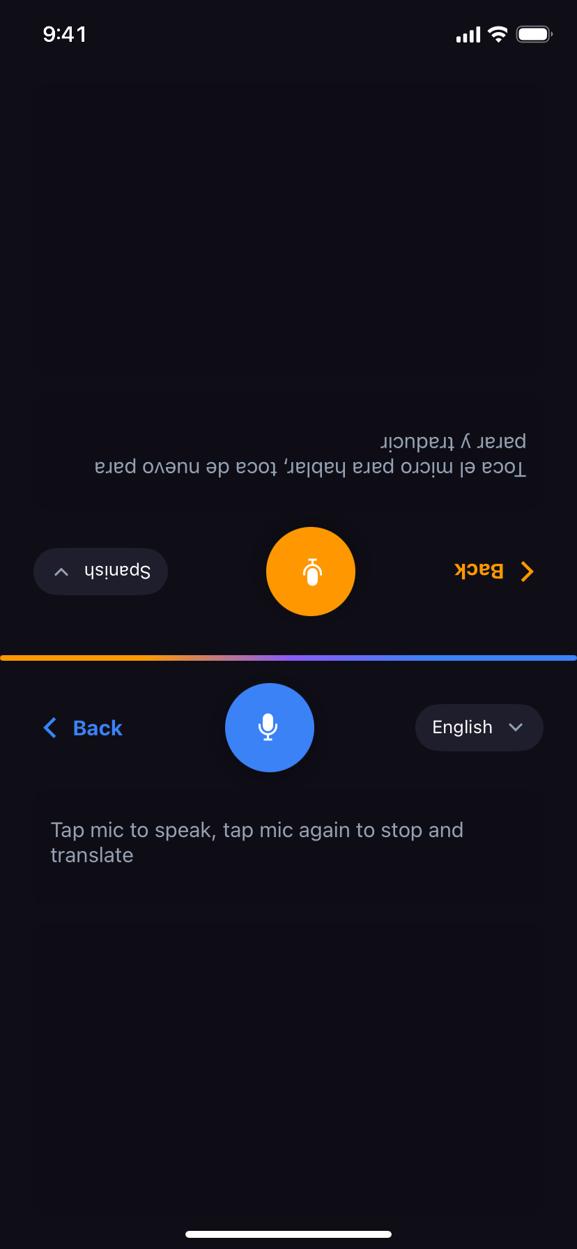 Two-screen mode: the conversation mirrored so each person reads it upright from their side