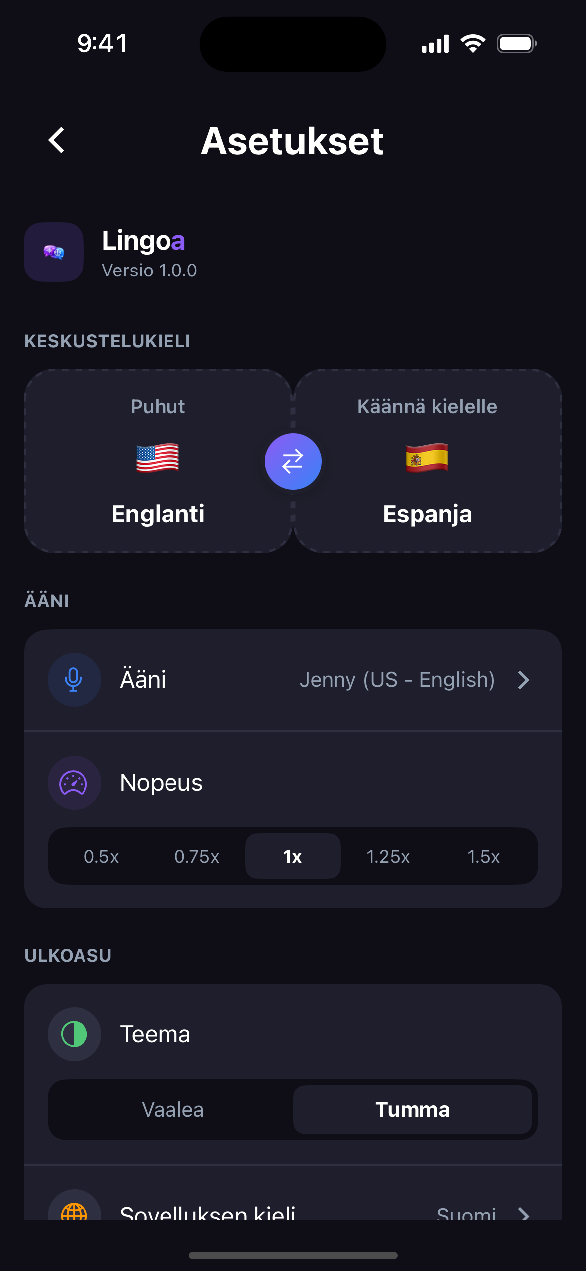 Settings in Finnish: choose the voice and speaking speed